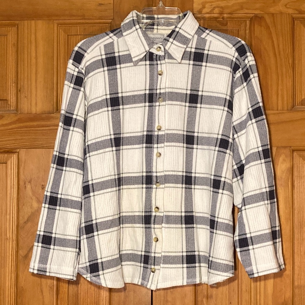 EUC Nuggets Vintage 90s Top Flannel Long Sleeve Plaid White Gray Blue L Large